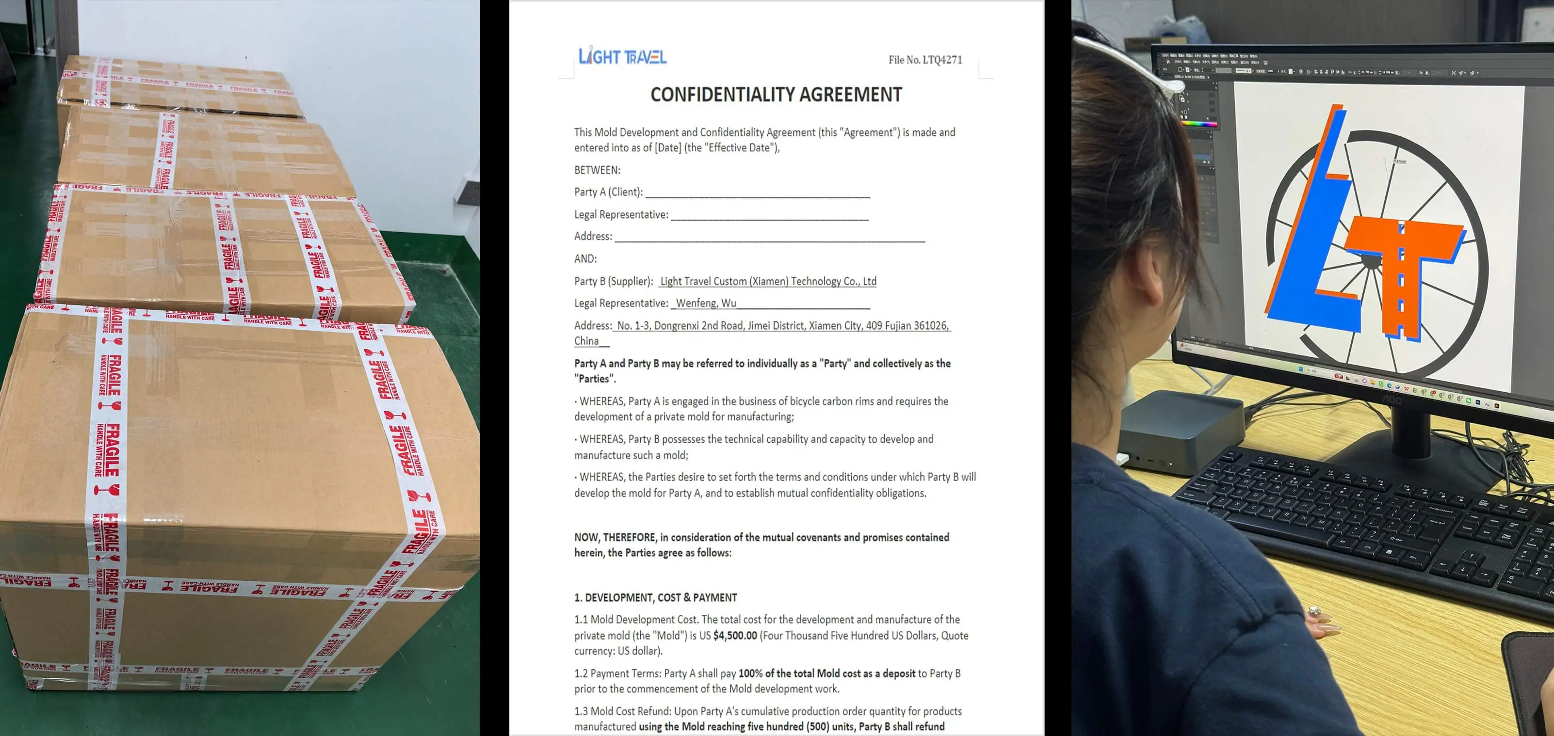 Key OEM/ODM concerns at Light Travel Cycling: packed export boxes, a mold development and confidentiality agreement, and decal design work in progress