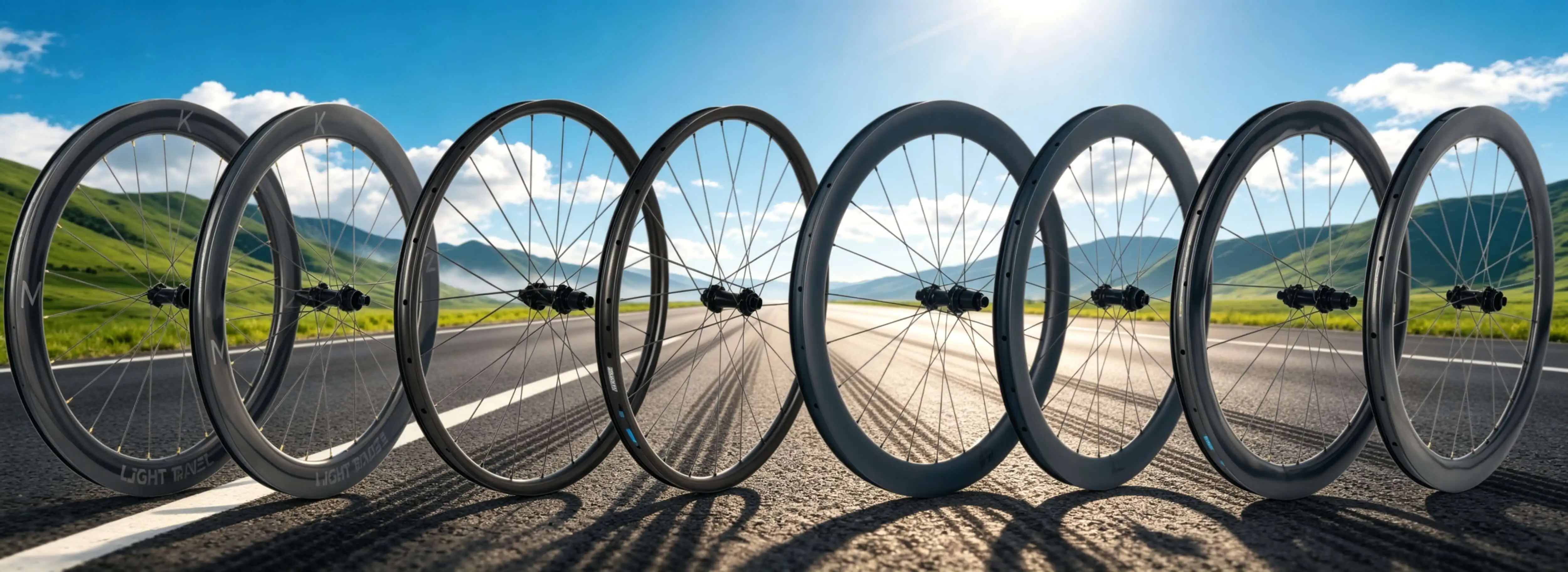 Row of Light Travel Cycling carbon wheelsets with LIGHT TRAVEL branded rims lined up on a mountain road, OEM and ODM product showcase