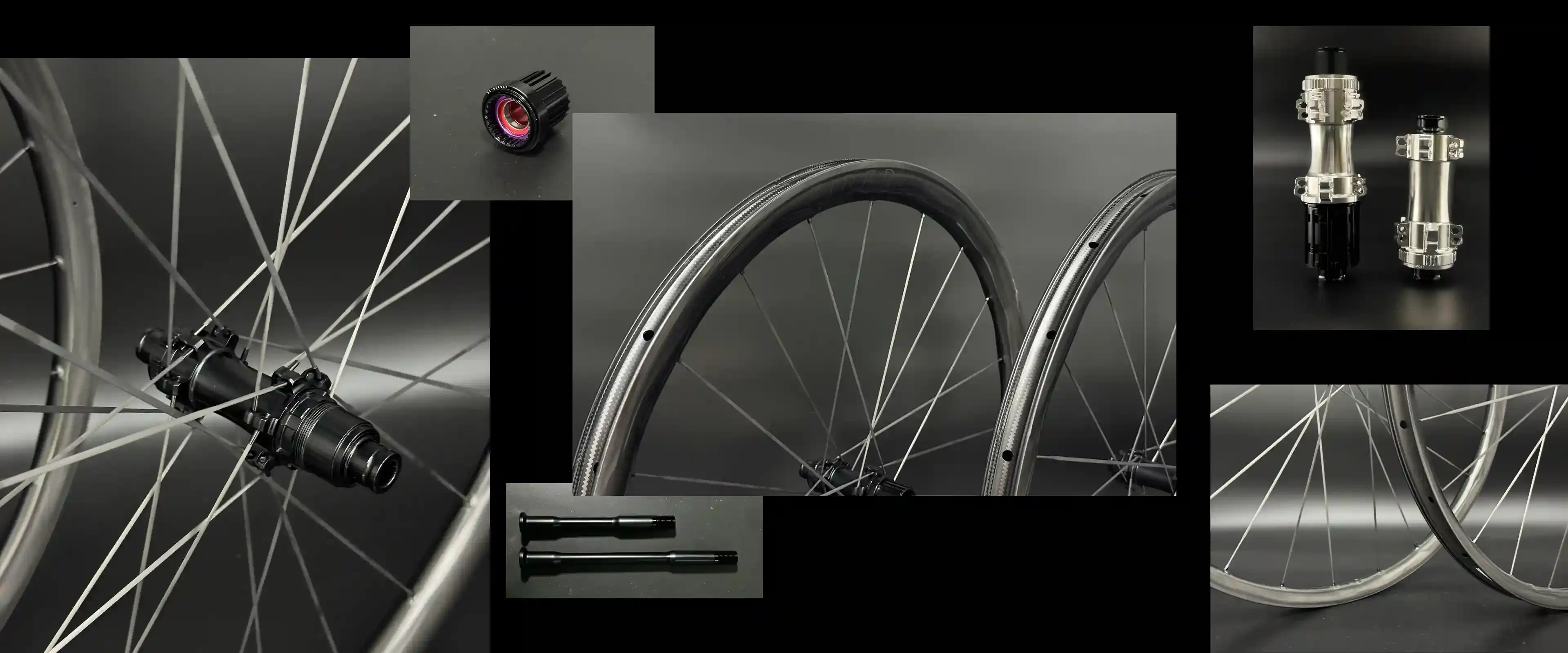 OEM product family by Light Travel Cycling: carbon wheelsets, rims, hubs, freehubs, thru axles and rim sections composed as one seamless lineup