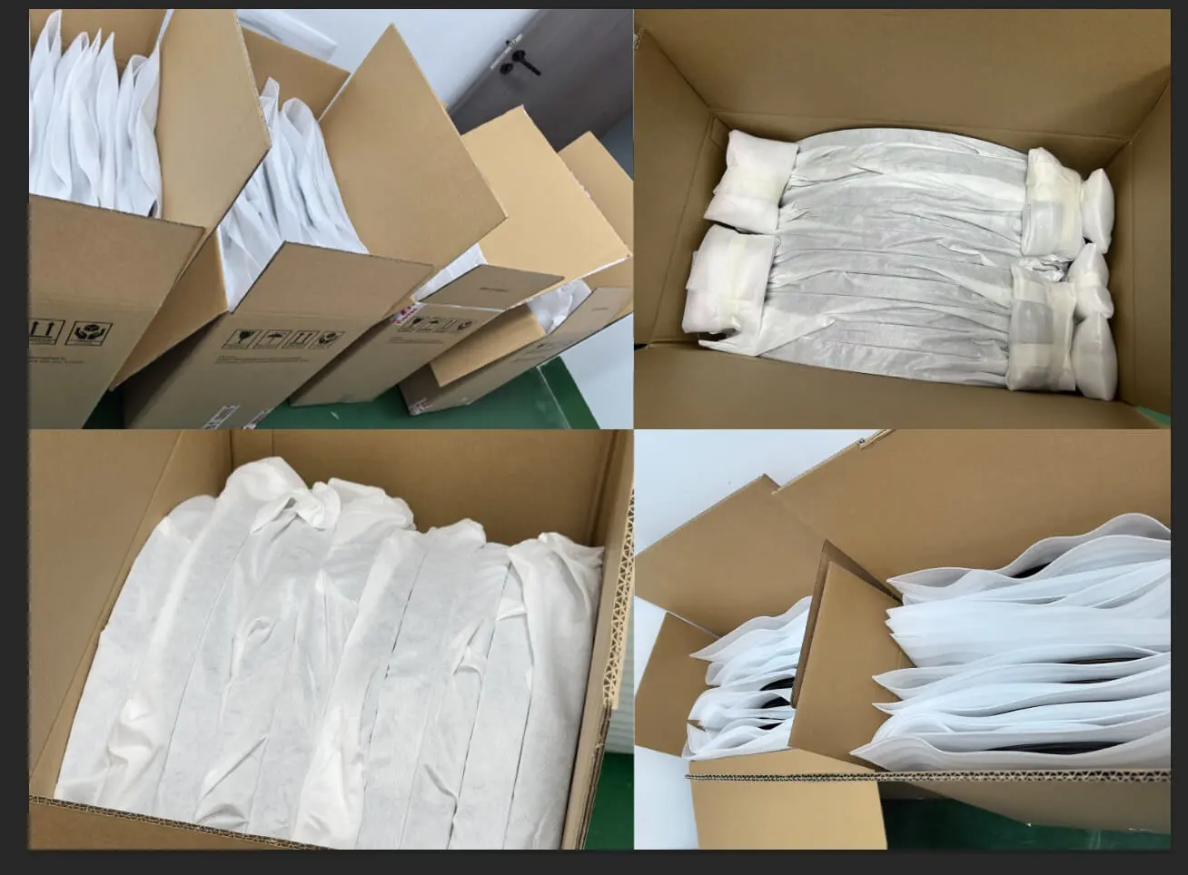 Protective packing process at Light Travel Cycling: carbon rims wrapped in fabric sleeves, cushioned and boxed in FRAGILE-marked export cartons, ready for dispatch