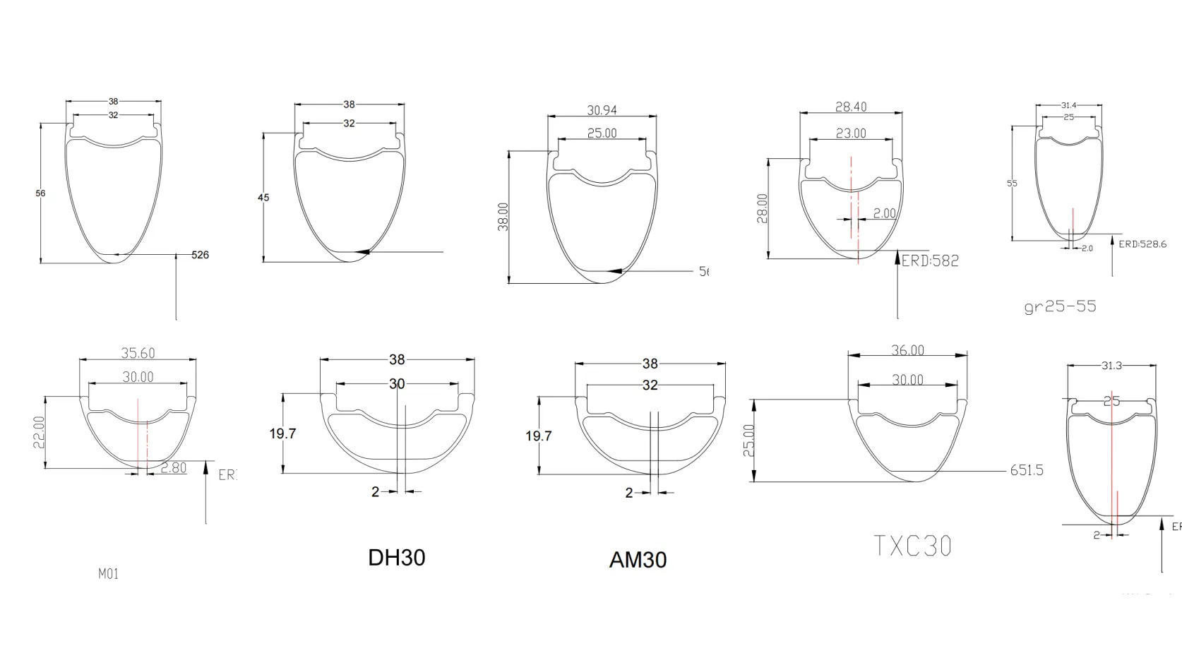 CAD engineering drawings of OEM rim cross-sections with widths, depths, spoke offsets and ERD values, developed by Light Travel Cycling for custom profiles