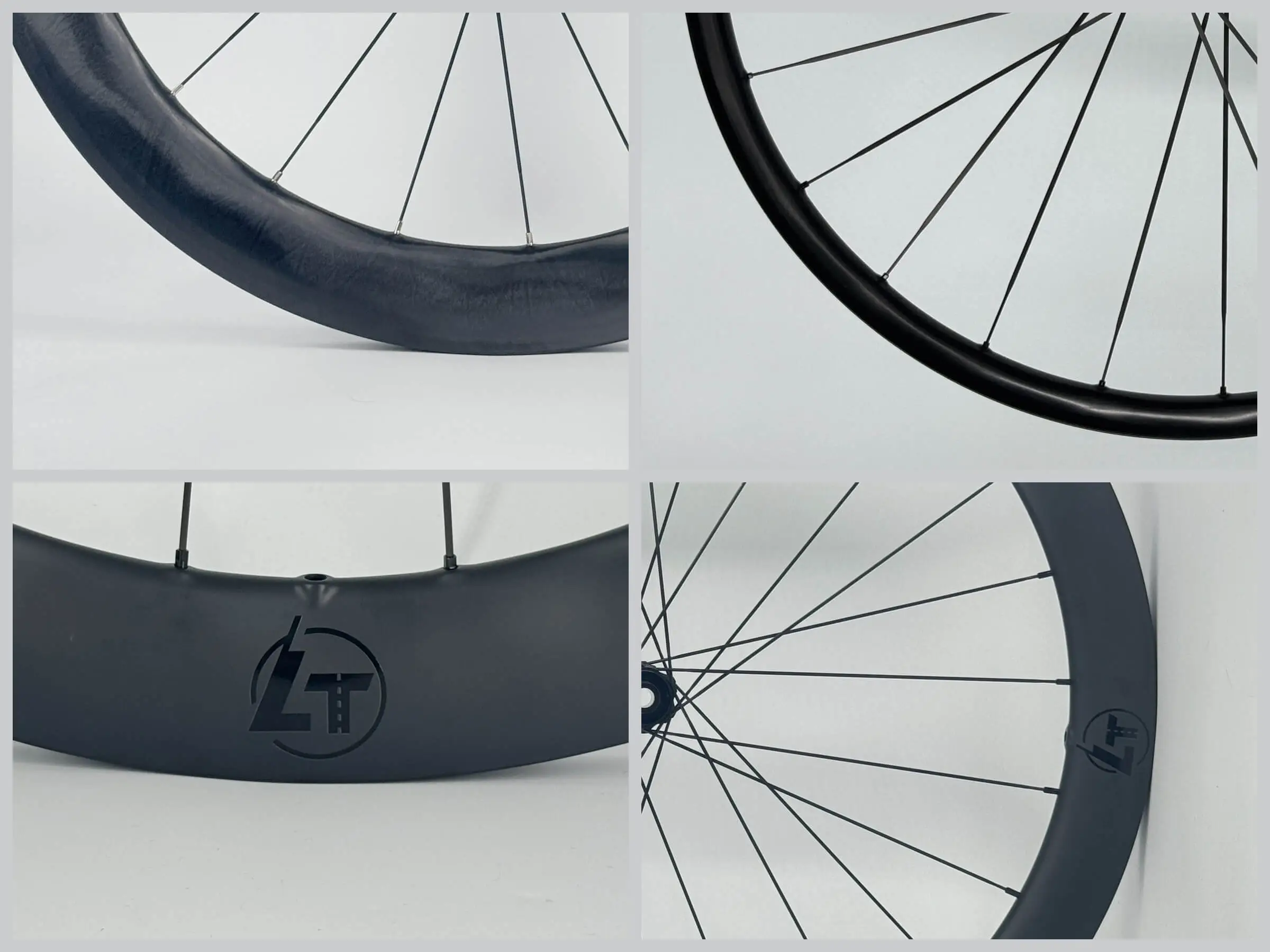 Custom finish options on Light Travel Cycling carbon rims: matte, glossy, satin, paintless and raw carbon surfaces shown in close-up