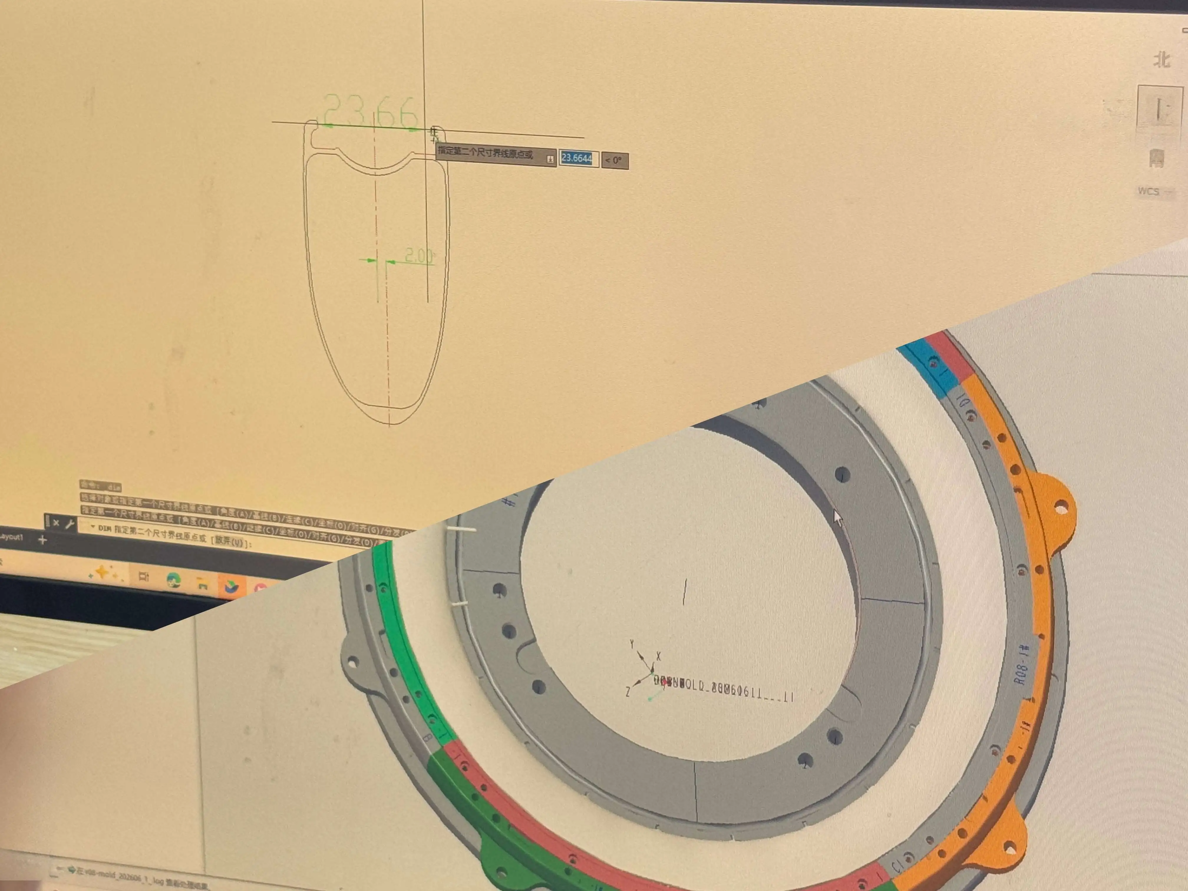 Engineer dimensioning a rim cross-section in CAD with a 3D mold assembly model on screen at Light Travel Cycling