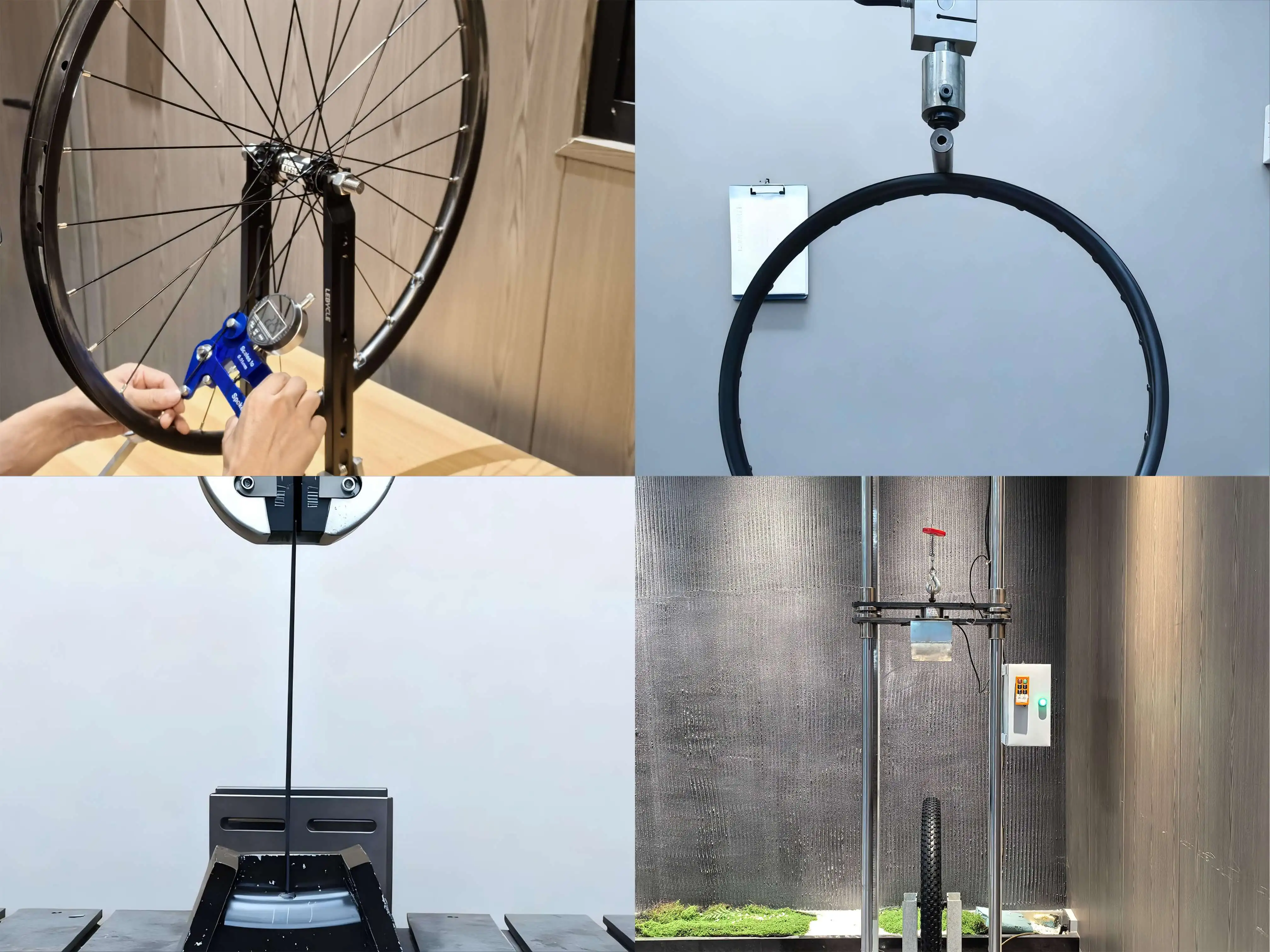Prototype carbon rim under internal impact and fatigue testing at the Light Travel Cycling test lab