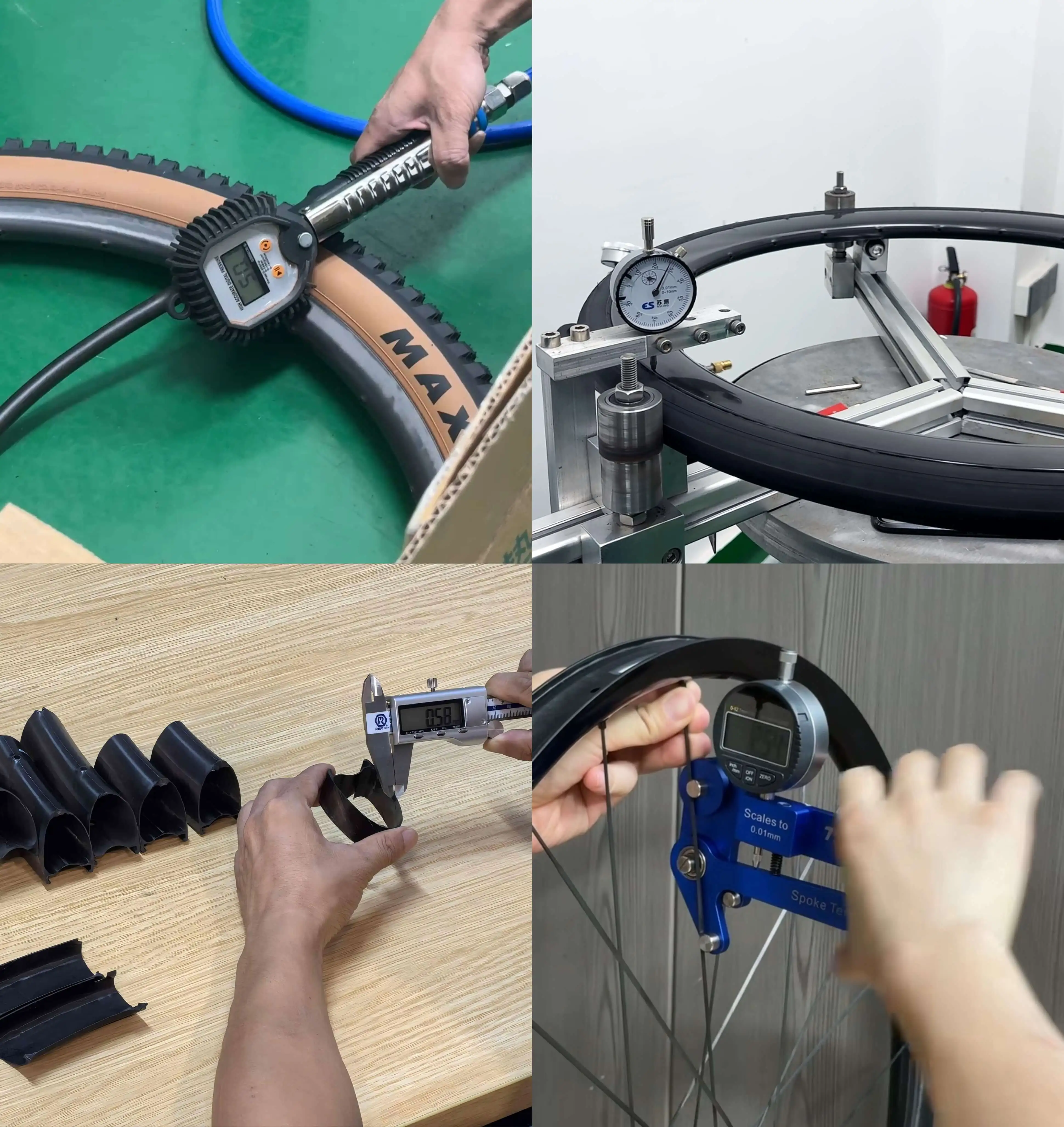 Quality inspection at Light Travel Cycling: tire pressure gauge, rim runout dial indicator, digital caliper and spoke tension meter checks