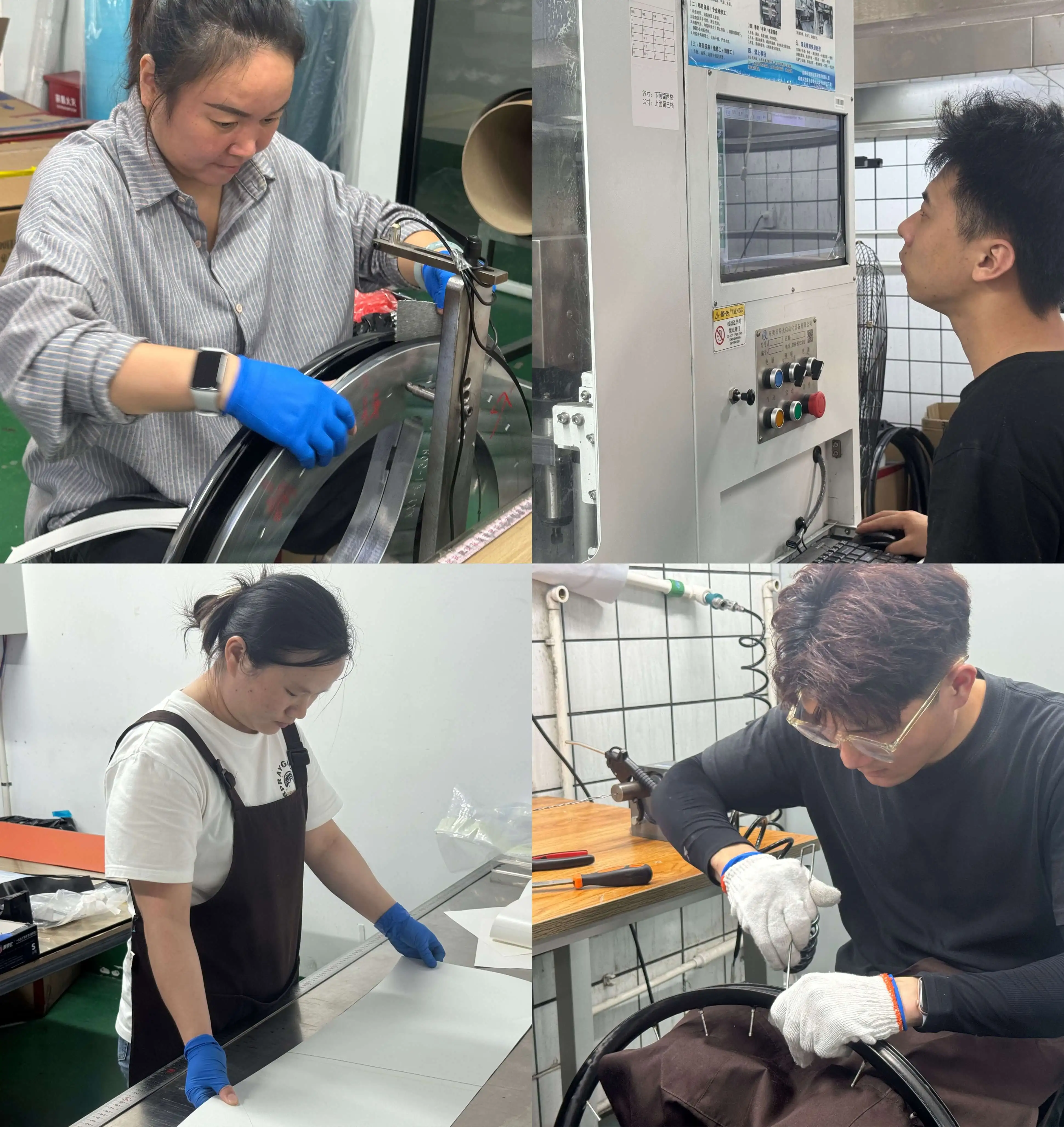 Light Travel Cycling production team at work: layup, machine operation, material preparation and wheel building stations